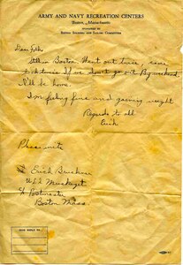 A scan of a letter from Coast Guardsman Erick Bruckner to his parents.  He was later killed in action on board MUSKEGET.  Scan provided by his great nephew Hunter Zupnick.