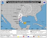 The National Hurricane Center graphic for Tropical Storm Beryl, released at 1300Z 06 JUL 2024. The graphic shows the projected path of Tropical Storm Beryl as it moves along in the Gulf of Mexico.