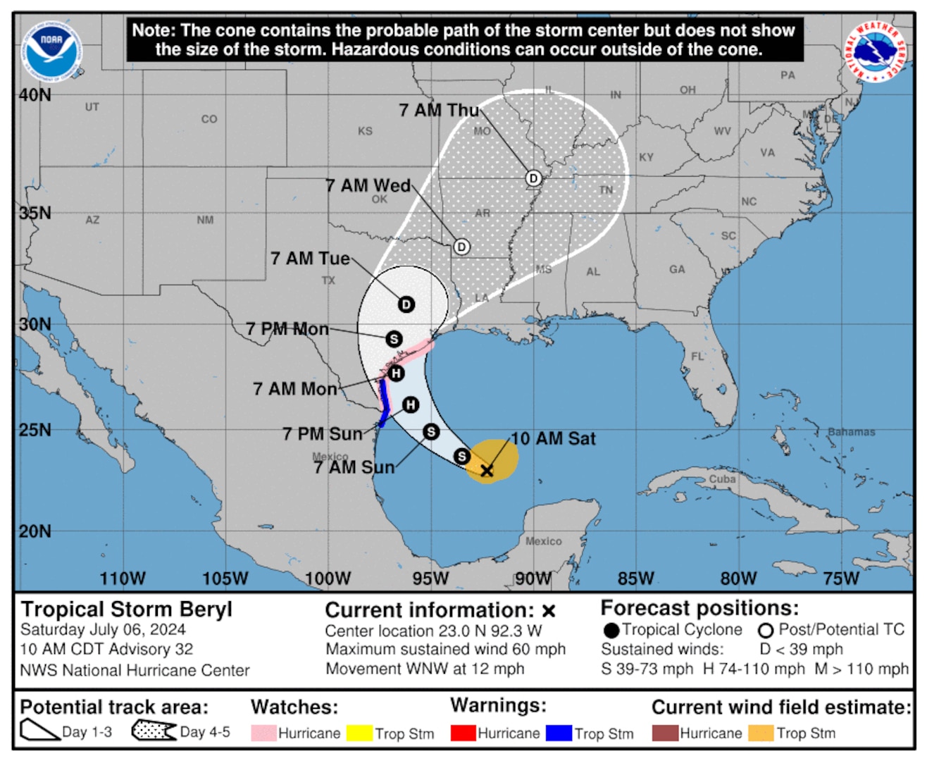 The National Hurricane Center graphic for Tropical Storm Beryl, released at 1300Z 06 JUL 2024. The graphic shows the projected path of Tropical Storm Beryl as it moves along in the Gulf of Mexico.