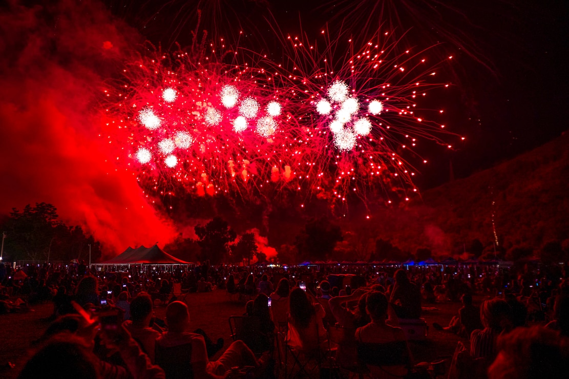 Attendees watch fireworks during the Festa Americana celebration to mark America’s Independence Day at Carney Park, Naples, Italy, Jul 4. Held in conjunction with NATO’s 75th anniversary, the event brought together service members and their families, Department of Defense civilians, local Italian nationals, and NATO service members to celebrate in an atmosphere full of fun, food, and fireworks. NSA Naples is an operational ashore base that enables U.S., allied, and partner nation forces to be where they are needed, when they are needed to ensure security and stability in Europe, Africa, and Southwest Asia. (U.S. Navy photo by Mass Communication Specialist 1st Class Haydn N. Smith)