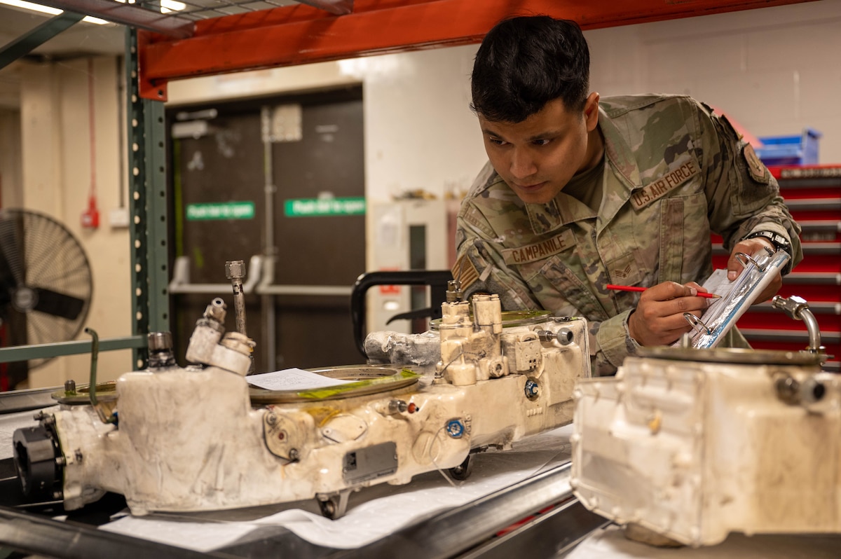 A 48th LRS technician takes accountability of aircraft parts at RAF Lakenheath, England