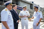 U.S. Ambassador to Vietnam, the Hon. Mr. Marc Knapper, center-left, and U.S. Navy Vice Adm. Fred Kacher, commander, U.S. 7th Fleet, meet with senior leaders from the Vietnam People's Navy following the ship’s arrival to Cam Ranh International Port, July 8, 2024.