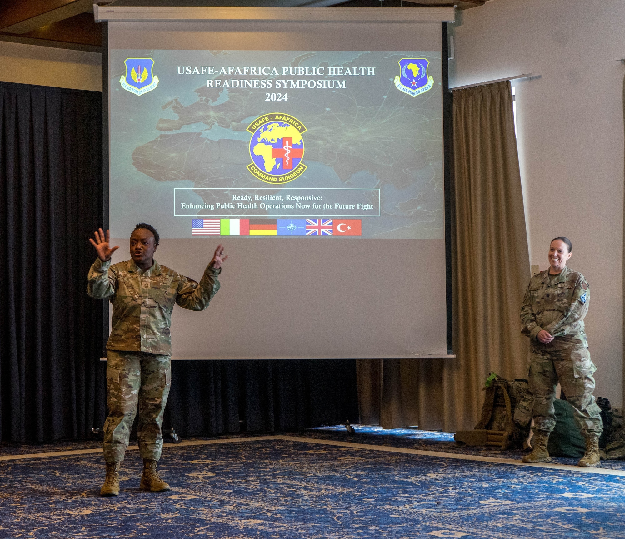 Chief MSgt. Camille Horton briefing attendees on DAF Public Health career field manager update.