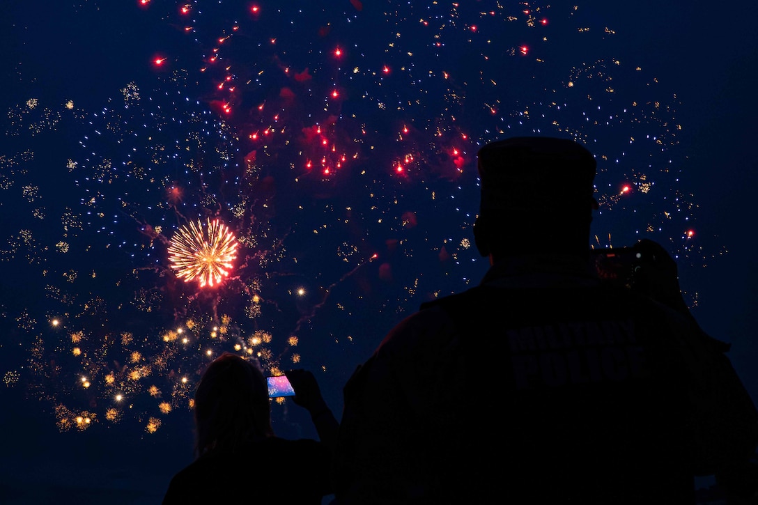 People are silhouetted as they watch fireworks explode in a dark sky.