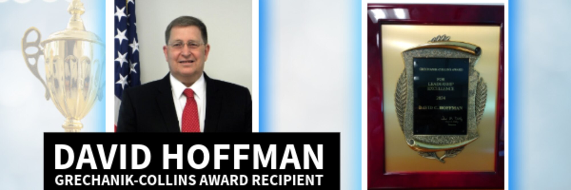 Text image with a portrait and a photo of an award.