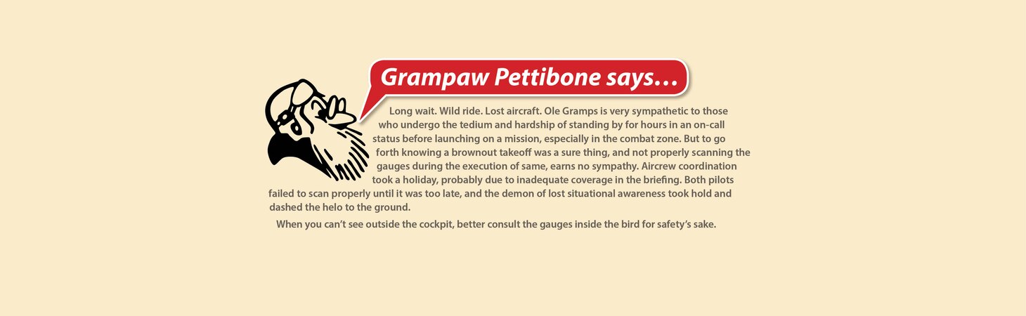 Grampaw Pettibone says...

Long wait. Wild ride. Lost aircraft. 

Ole Gramps is very sympathetic to those who undergo the tedium and hardship of standing by for hours in an on-call status before launching on a mission, especially in the combat zone. But to go forth knowing a brownout takeoff was a sure thing, and not properly scanning the gauges during the execution of same, earns no sympathy. Aircrew coordination took a holiday, probably due to inadequate coverage in the briefing. Both pilots failed to scan properly until it was too late, and the demon of lost situational awareness took hold and dashed the helo to the ground.

When you can’t see outside the cockpit, better consult the gauges inside the bird for safety’s sake.