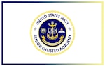 White background with a gold emblem across the center. Inside of the gold emblem are the words "United States Navy Senior Enlisted Academy."
