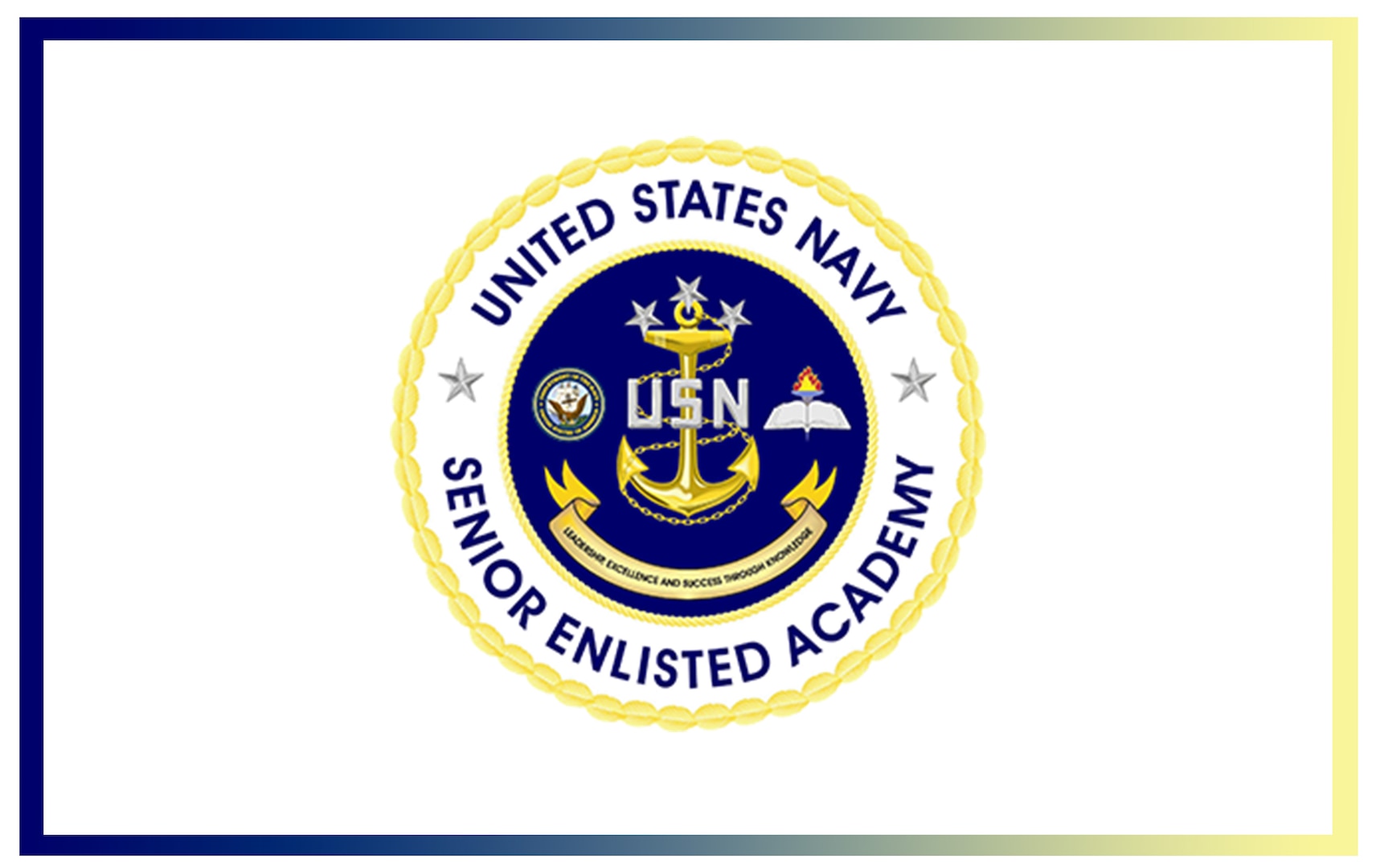 White background with a gold emblem across the center. Inside of the gold emblem are the words "United States Navy Senior Enlisted Academy."