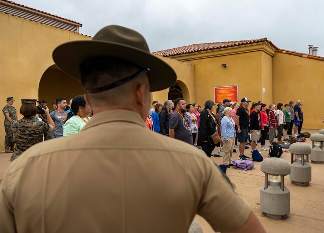 Educators with Recruiting Stations’ Milwaukee, Oklahoma City, and Twin Cities conduct a mock receiving event as a part of the 2024 Educators' Workshop at Marine Corps Recruit Depot San Diego, Calif., June 18, 2024. Participants visited MCRD San Diego to observe recruit training and gain a better understanding about the transformation from recruits to United States Marines. Educators also received classes and briefs on the benefits that are provided to service members serving in the U.S. Armed Forces. (U.S. Marine Corps photo by Sgt. Lennon Dregoiw)