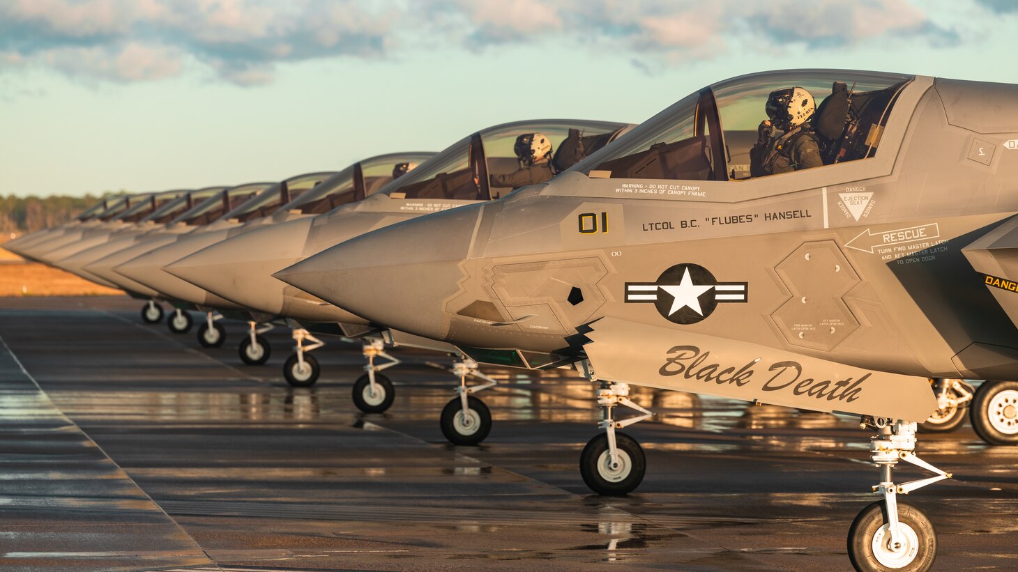 U.S. Marine Corps pilots with Marine Fighter Attack Squadron (VMFA) 542, 2nd Marine Aircraft Wing, stage in formation at Marine Corps Air Station Cherry Point, North Carolina, Feb. 13, 2024. VMFA-542 is scheduled to deploy to Norway for Exercise Nordic Response 24. Exercise Nordic Response, formerly known as Cold Response, is a NATO training event conducted every two years to promote military competency in arctic environments and to foster interoperability between the U.S. Marine Corps and allied nations.