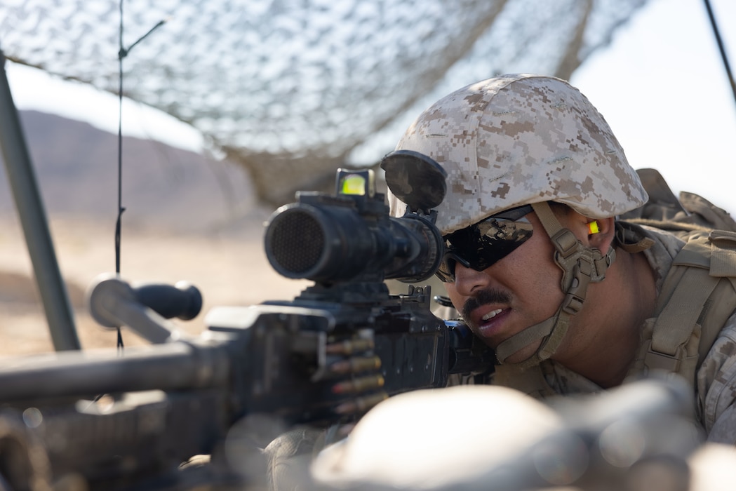U.S. Marine Corps Lance Cpl. Robert Humble, a fireteam leader assigned to 4th Law Enforcement Battalion, Force Headquarters Group, Marine Forces Reserve, observes his targets at a Forward Arming and Refueling Point at Marine Corps Air-Ground Combat Center, Twentynine Palms, California, as part of Integrated Training Exercise 4-23, June 22, 2023. As the Marine Corps Reserve’s premier annual training event, ITX provides opportunities to mobilize geographically dispersed forces for a deployment; increase combat readiness and lethality; and exercise MAGTF command and control of battalions and squadrons across the full spectrum of warfare. Humble is a native of Azusa, California, and attended Gladstone High School. (U.S. Marine Corps photo by Lance Cpl. Juan Diaz)