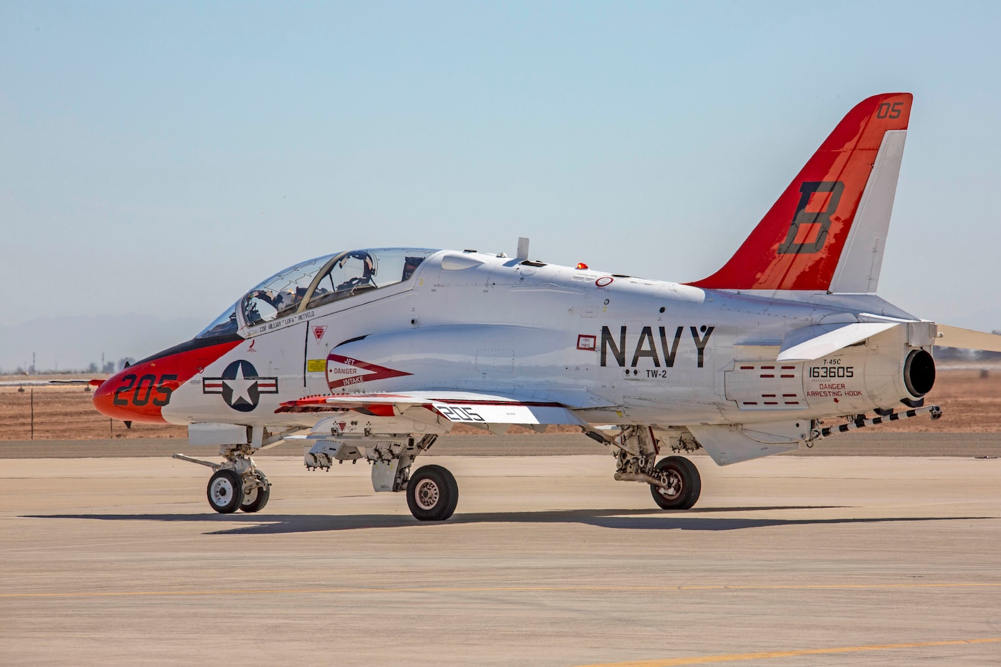 EL CENTRO, Calif. (July 19, 2023) A T-45C Goshawk jet aircraft taxis on the flight line onboard Naval Air Facility (NAF) El Centro, Calif. July 19, 2023. NAF El Centro supports combat training and readiness of the Warfighter. This includes air operations support to operational fleet and training squadrons as well as squadrons from other services (USMC, USA, USAF) and Allies. (U.S. Navy photo by Mass Communication Specialist 3rd Class Aleksandr Freutel)