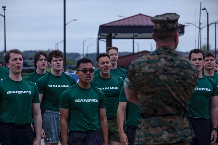 9th Marine Corps District officer candidates participated in a Mini Officer Candidate School at Camp Dodge, Iowa, April 26, 2024. During the Mini OCS, officer candidates prepared mentally and physically for the rigors of OCS by completing physical fitness iterations, leadership reaction courses, confidence courses, land navigation, and Marine Corps knowledge classes. (U.S. Marine Corps photo by Cpl. Collette Hagen)