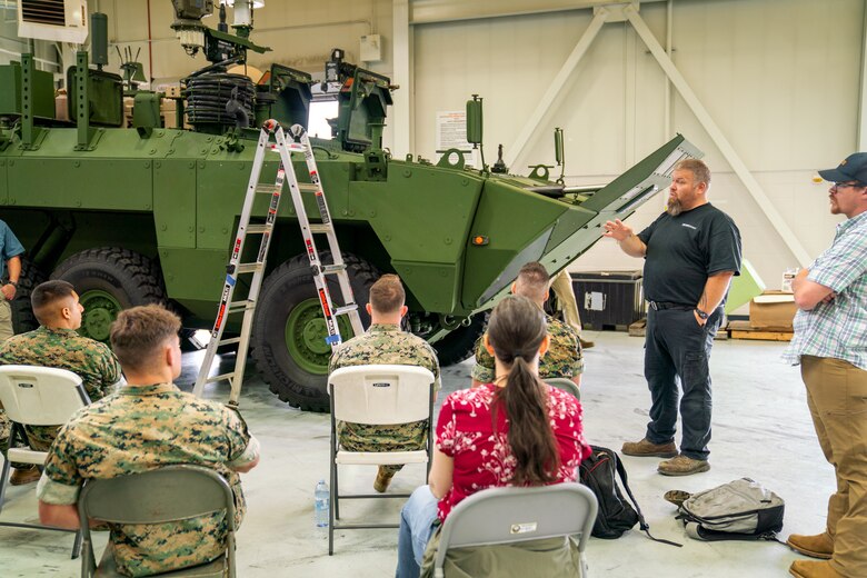 LAR Battalions perform maintenance exercises with Field Service Representatives from Textron and General Dynamics Land Systems during a maintenance demo for the ARV