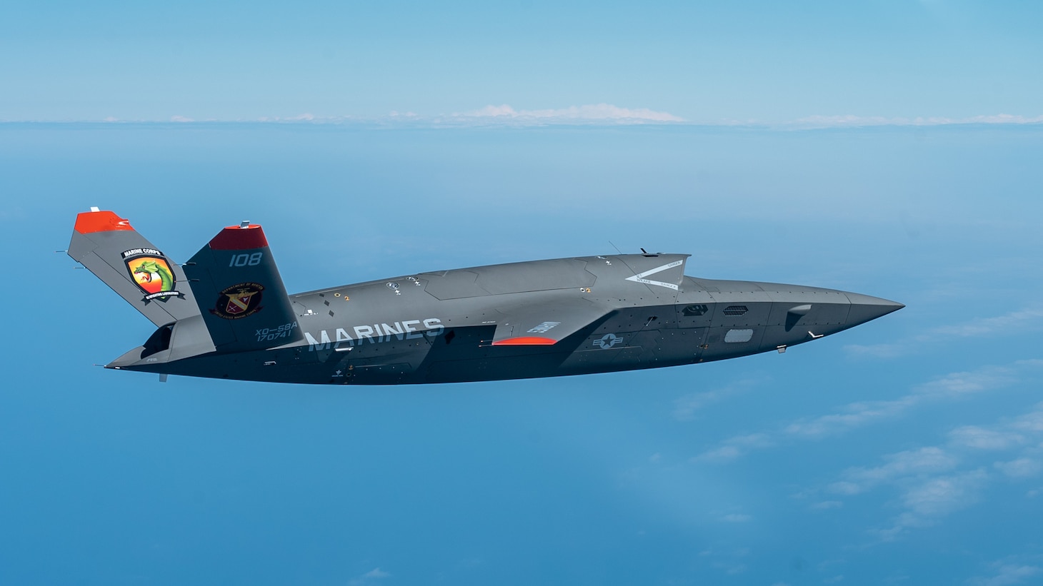 A U.S. Marine Corps XQ-58A Valkyrie, highly autonomous, low-cost tactical unmanned air vehicle, soars overhead during its second test flight at Eglin Air Force Base, Fla., Feb. 23, 2023. The XQ-58A Valkyrie test flight and the data collected inform future requirements for the Marine Corps in a rapidly evolving security environment, while successfully fueling joint innovation and experimentation opportunities.