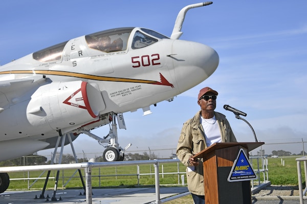 Dr. Ron Smiley, who retired in 2020 after years leading the electronic warfare efforts for NAWCWD and NAVAIR, speaks during the EA-6B Prowler dedication ceremony at Missile Park at Point Mugu, California.