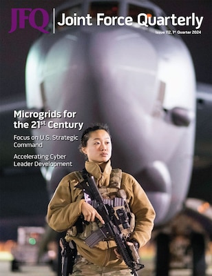 Cover of JFQ 112. A uniformed service member is standing in front of an aircraft, holding a firearm.