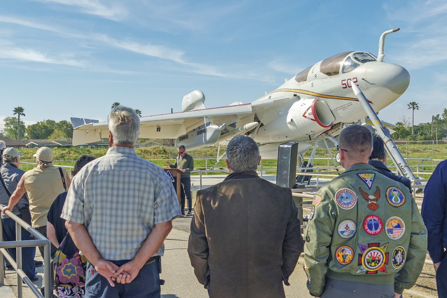 Nearly 100 people gathered in Point Mugu, California, on April 17 to mark the dedication of the EA-6B Prowler on display at Naval Base Ventura County's Missile Park.