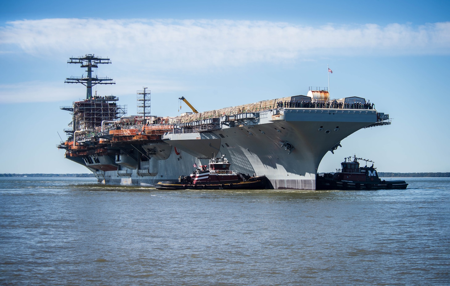 The Nimitz-class aircraft carrier USS John C. Stennis (CVN 74) is moved to an outfitting berth in Newport News, Virginia, April 8, 2024. John C. Stennis is in Newport News Shipbuilding conducting Refueling and Complex Overhaul to prepare the ship for the second half of its 50-year service life.