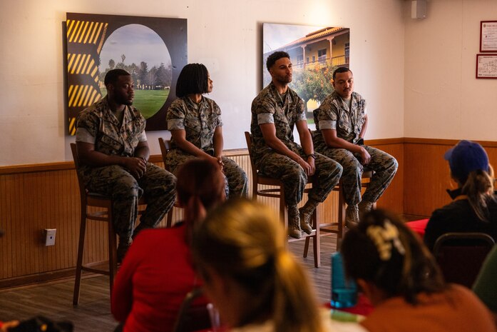 U.S. Marines with Headquarters and Service Battalion, Marine Corps Recruit Depot San Diego, answer questions from educators with Recruiting Stations Milwaukee, Oklahoma City, and Twin Cities during the 2024 Educators’ Workshop at Marine Corps Recruit Depot, San Diego, Calif., June 18, 2024. Participants visited MCRD San Diego to observe recruit training and gain a better understanding about the transformation from recruits to United States Marines. The educators also received classes and briefs on the benefits that are provided to service members serving in the U.S. Armed Forces. (U.S. Marine Corps photo by Cpl. Maxwell Cook)