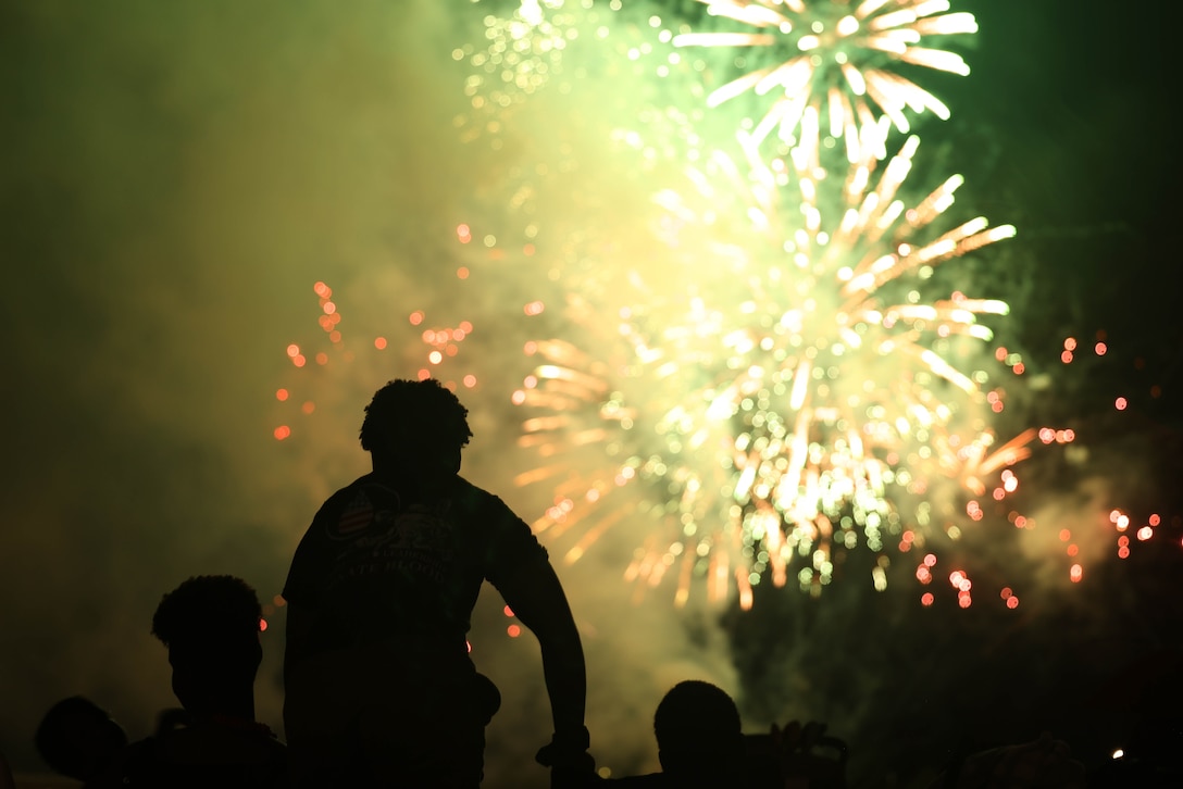 Attendees observe a firework display during the annual Marine Corps Base Quantico Independence Day Celebration at Lejeune Field on MCBQ, Virginia, July 4, 2024. The event included family friendly games, food trucks and vendors, and culminated with a firework show. (U.S. Marine Corps photo by Lance Cpl. David Brandes)