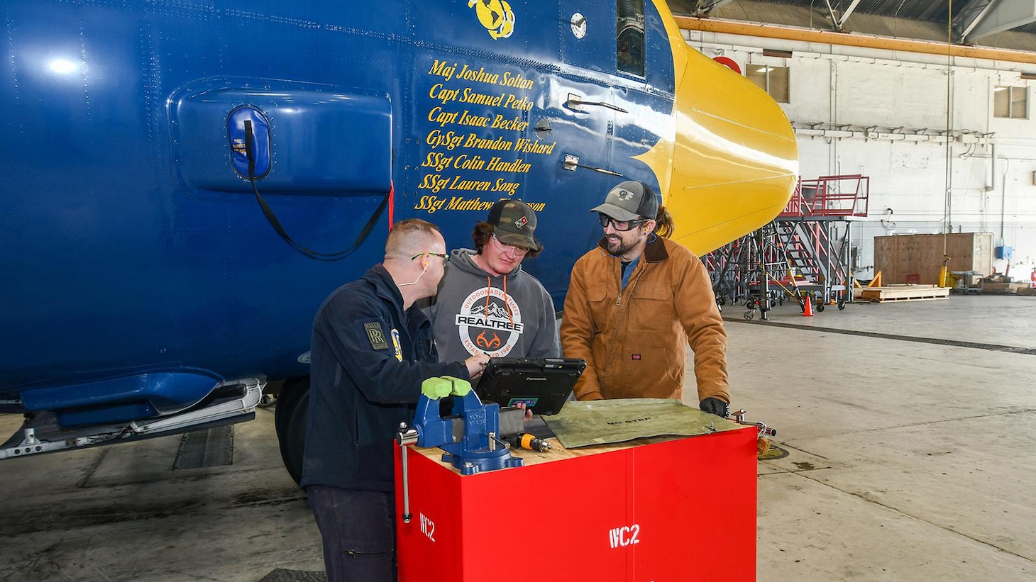 The Blue Angels Fat Albert Maintenance Team prepare the C-130J support aircraft known as Fat Albert for departure from Fleet Readiness Center East (FRCE). The depot welcomed Fat Albert and the Blue Angels for annual maintenance. As Fat Albert has a different capability set than typical C130s, the opportunity offered a unique learning experience for FRCE employees.