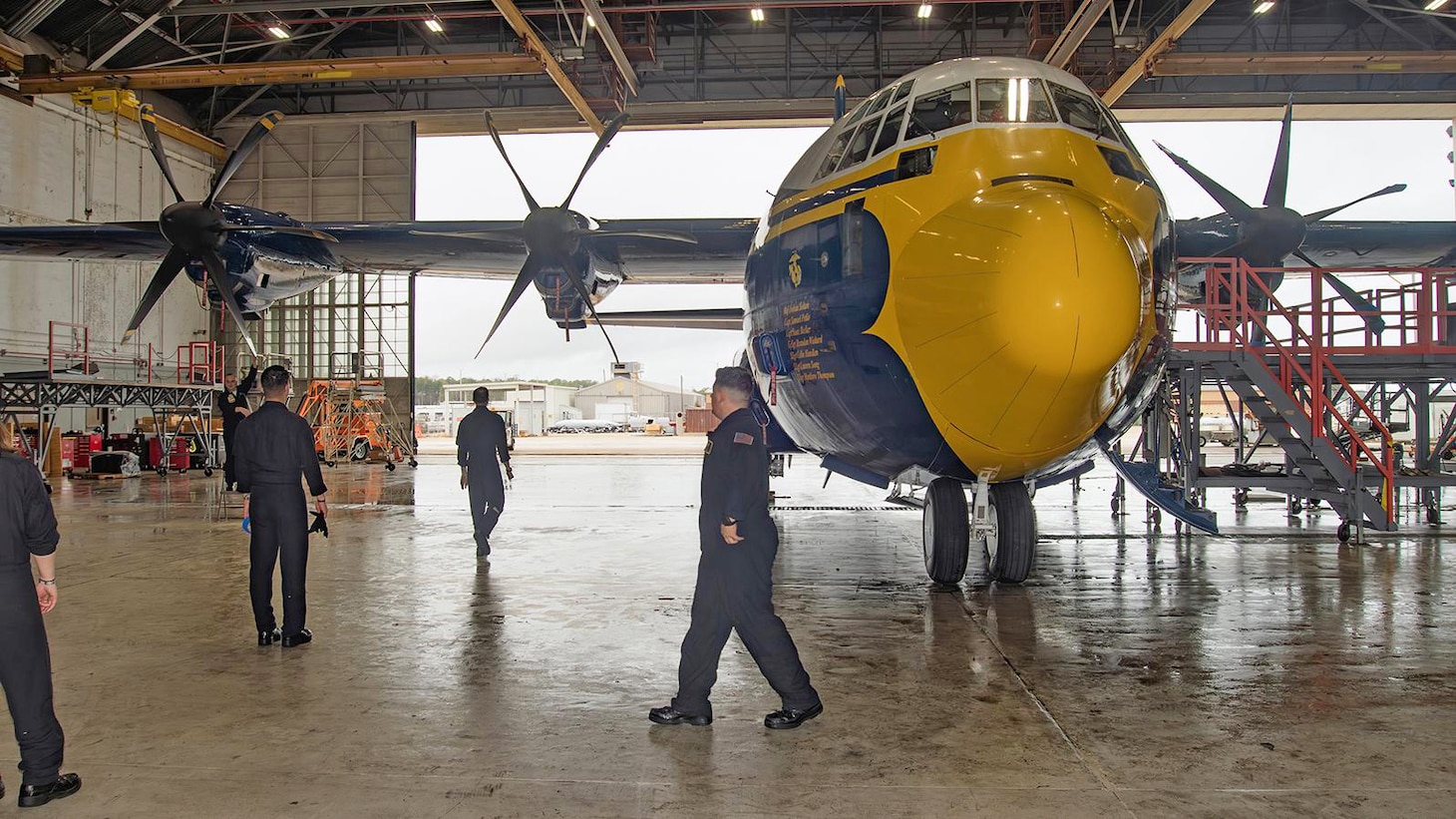 The Blue Angels Fat Albert Maintenance Team prepare the C-130J support aircraft known as Fat Albert for departure from Fleet Readiness Center East (FRCE). The depot welcomed Fat Albert and the Blue Angels for annual maintenance. As Fat Albert has a different capability set than typical C130s, the opportunity offered a unique learning experience for FRCE employees.