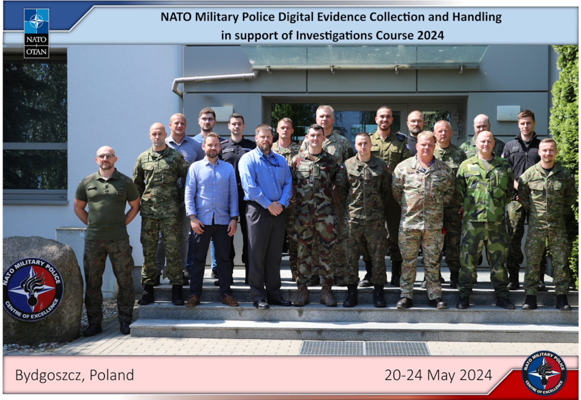 Army CID Cyber Field Office and NATO partners and allies in front of the NATO Military Police Headquarters building in Poland.