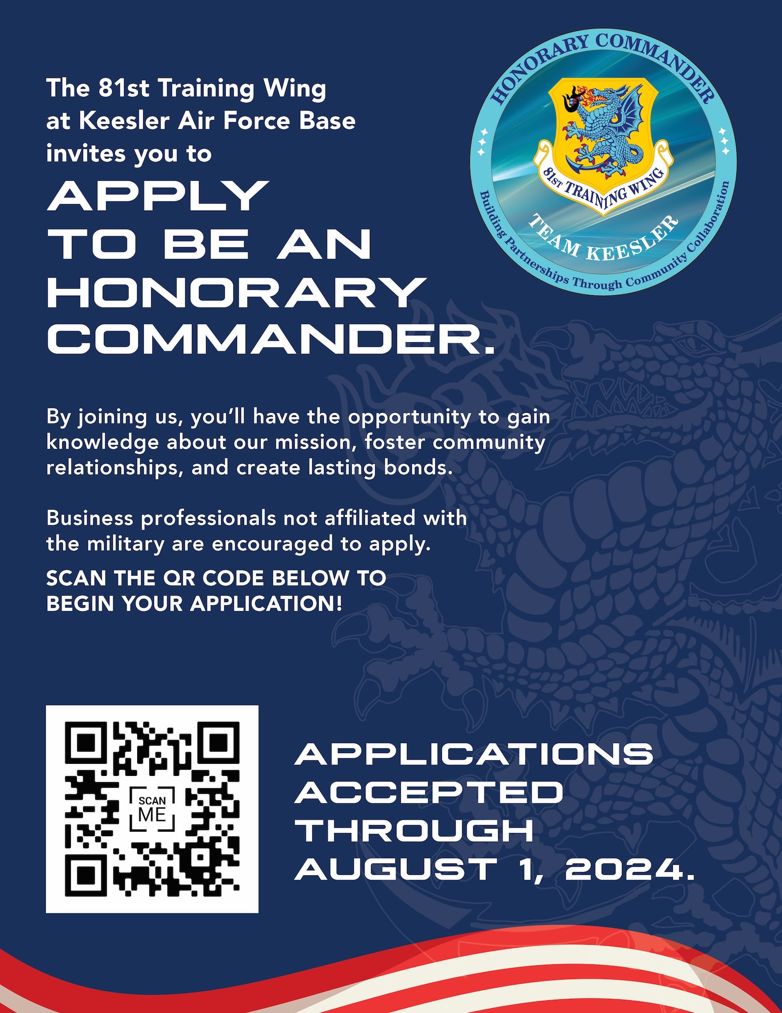 A  graphic encouraging people to apply and become an Honorary Commander at Keesler Air Force Base, Mississippi. (courtesy graphic)