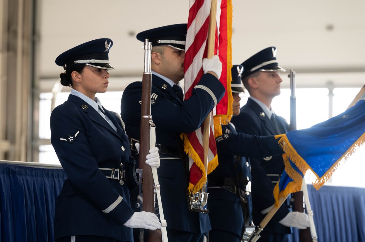 Minot Air Force Base Honor Guardsmen present the colors during a retirement ceremony at Minot Air Force Base, North Dakota, July 3, 2024. The U.S. Air Force Honor Guard’s vision is to promote the Air Force mission, preserve their heritage and protect their standards and image. (U.S. Air Force photo by Airman 1st Class Luis Gomez)