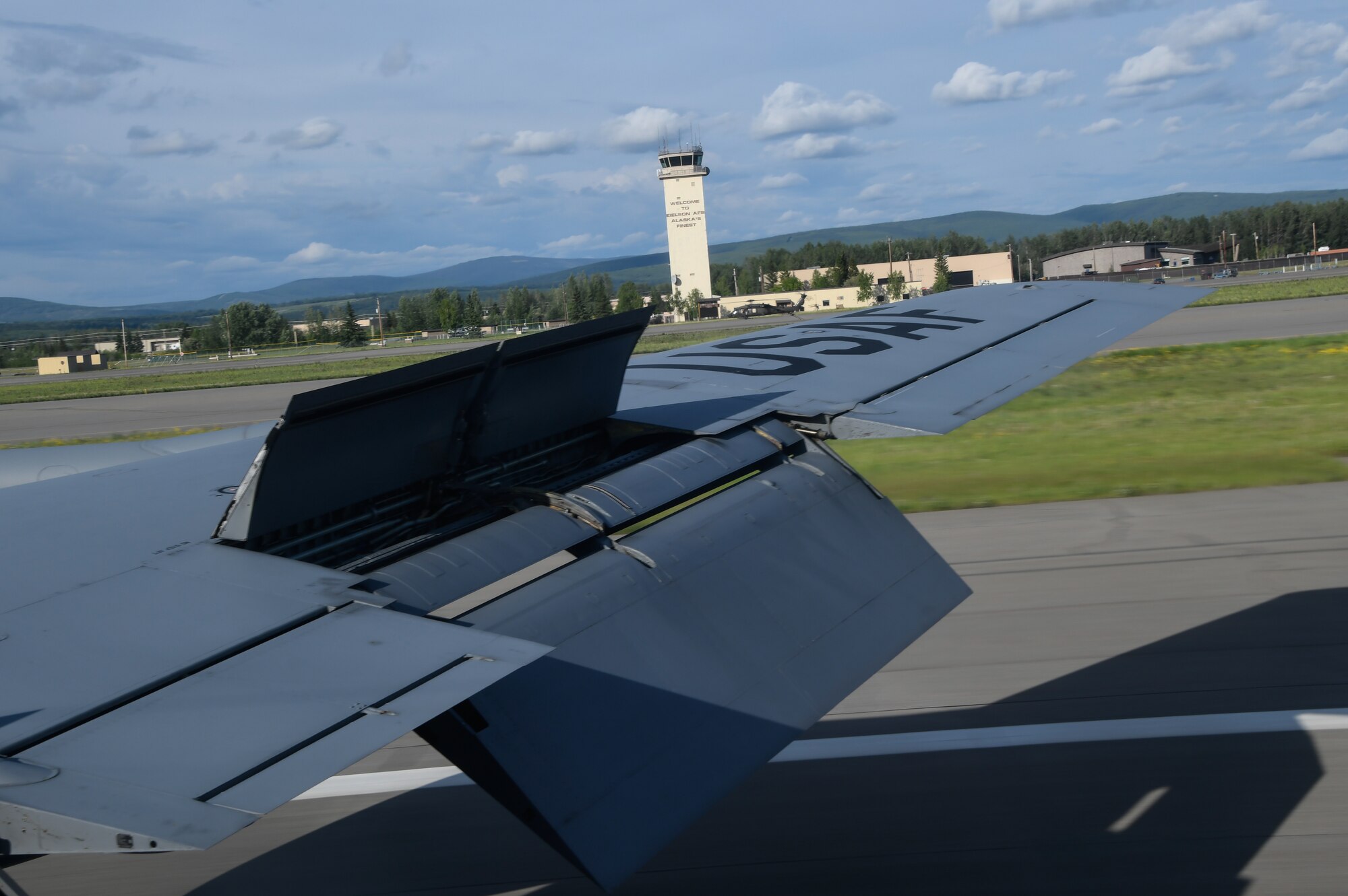 A KC-135 Stratotanker assigned to the 168th Wing, Alaska Air National Guard, returns to Eielson Air Force Base after an aerial refueling mission during Red Flag Alaska 24-2.