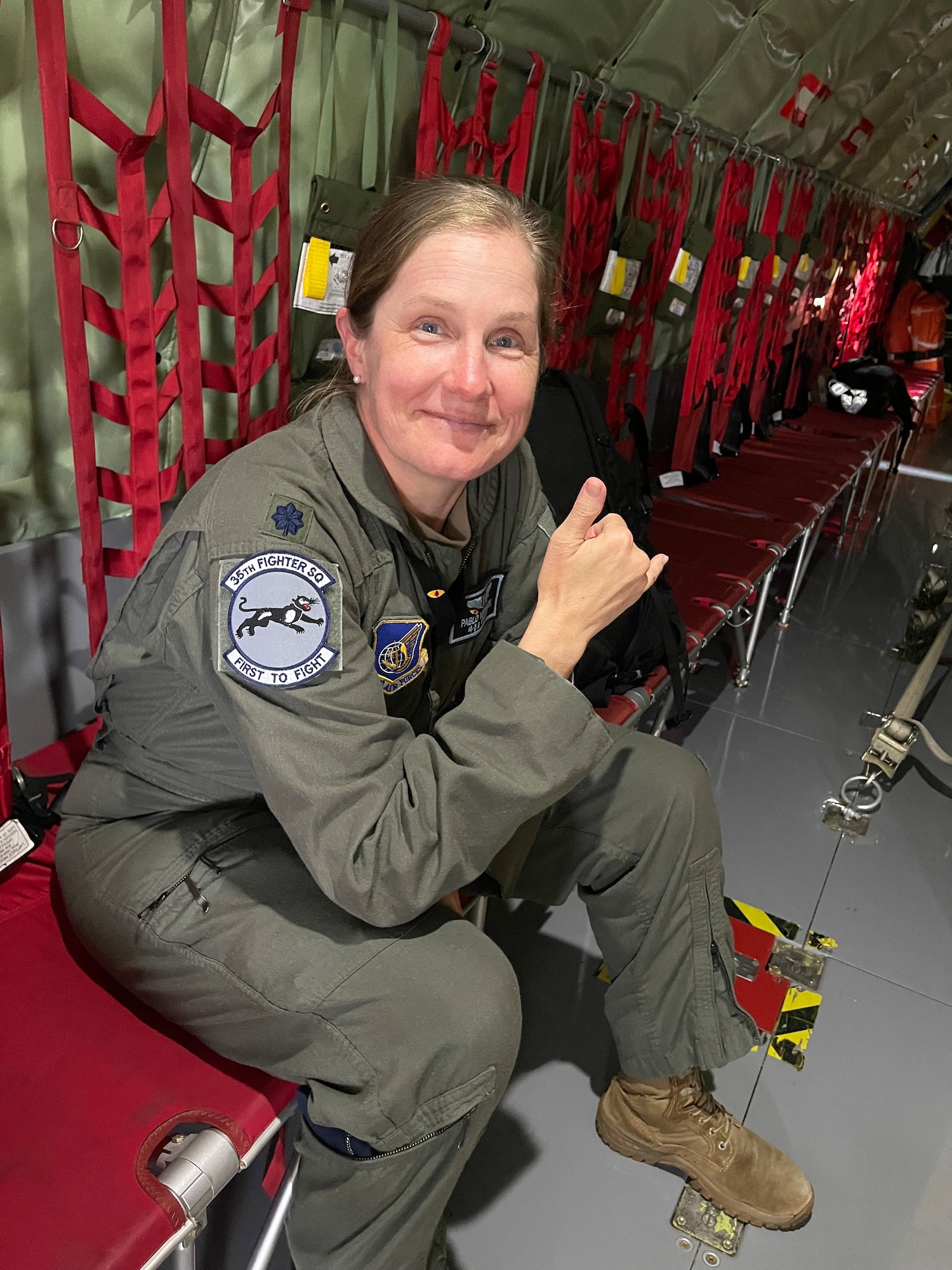 U.S. Air Force Lt. Col. Kendall Vermilion, 25th Fighter Squadron flight doc and pediatrician, flies with the 168th Wing on board a 168 WG KC-135 aerial refueling mission during Red Flag Alaska 24-2, June 13, 2024. Vermilion increased her required aerospace medicine flight hours while participating in Red Flag Alaska.