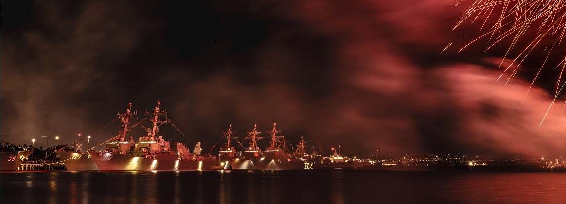 U.S. Navy Arleigh Burke-class guided-missile destroyers; USS Frank E. Petersen Jr. (DDG 121), USS William P. Lawrence (DDG 110), USS Kidd (DDG 100) and USS Sterett (DDG 104) during a Fourth of July celebration at Joint Base Pearl Harbor-Hickam.