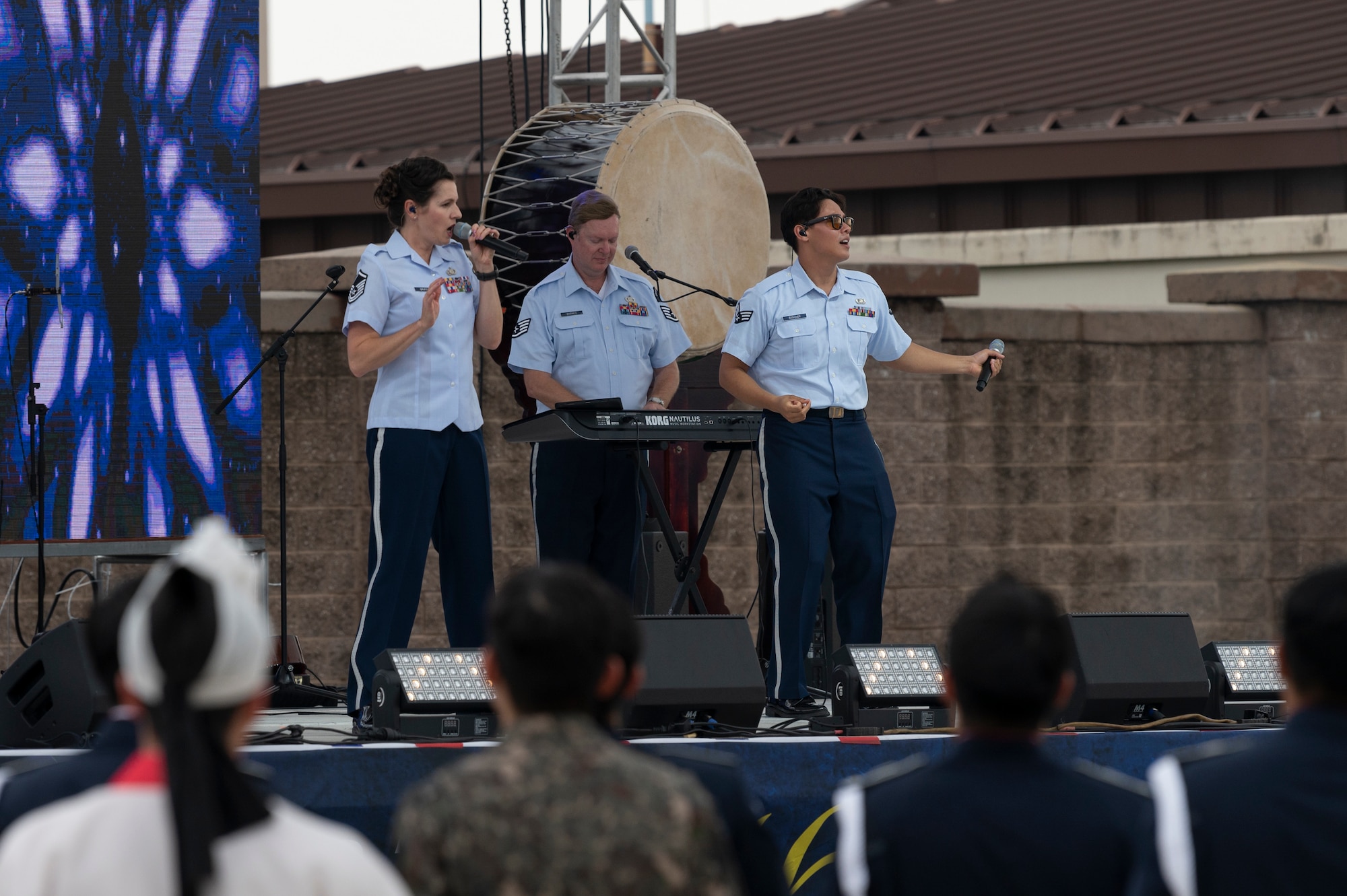 The United States Air Force Band of the Pacific-Asia plays during Liberty Fest at Osan Air Base, Republic of Korea, July 4, 2024. The band traveled from Tokyo, Japan to help celebrate Independence Day with members of the ROK. (U.S. Air Force photo by Staff Sgt. Ashley N. Mikaio)