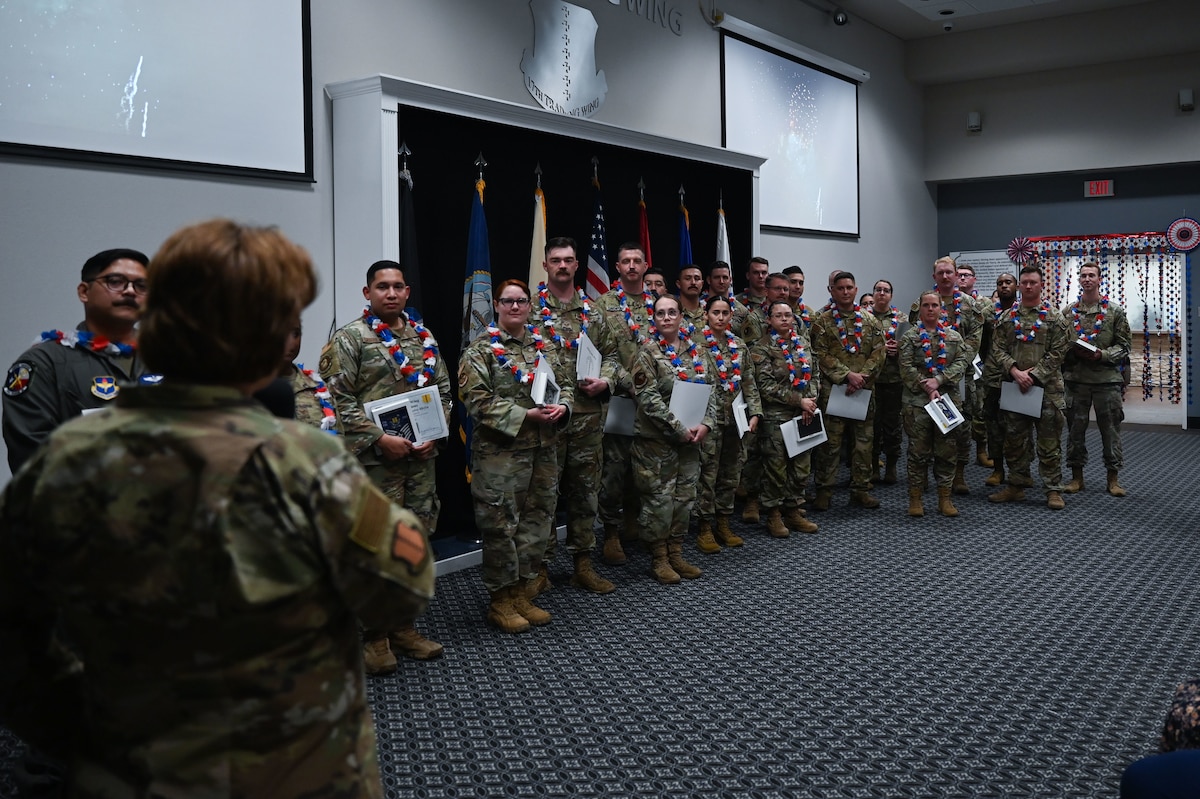 U.S. Air Force Col. Angelina Maguinness, 17th Training Wing commander, speaks to the Tech. Sgt. selects during a Tech. Sgt. Release Party at the Powell Event Center, Goodfellow Air Force Base, Texas, July 3, 2024. Maguinness congratulated the future Tech. Sgts. on their accomplishments and offered advice to prepare them for their future roles. (U.S. Air Force photo by Airman 1st Class Brian Lummus)