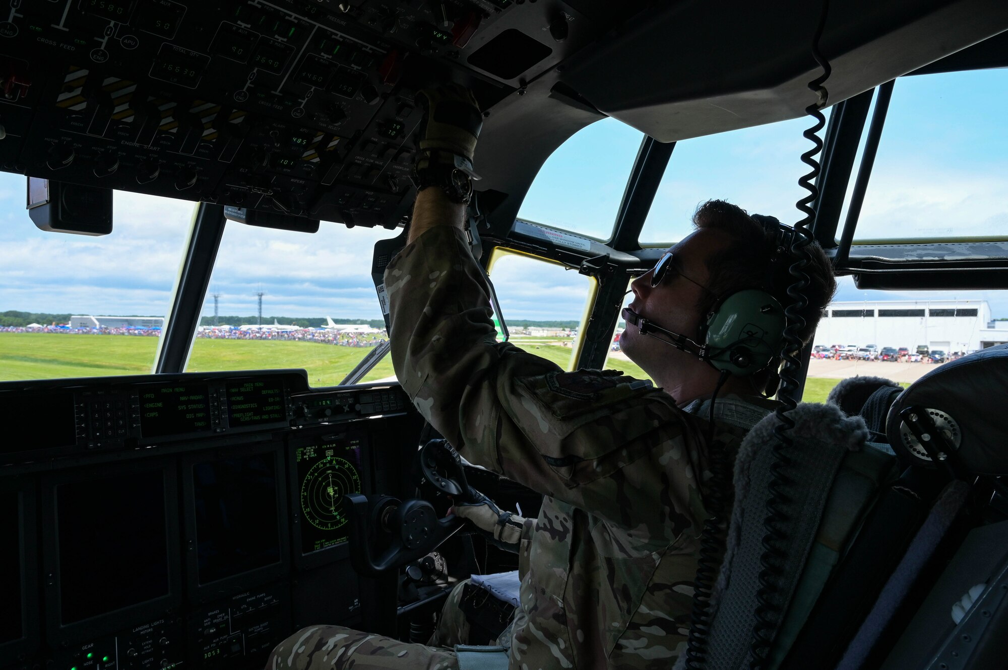 U.S. Air Force Capt. Bradley Stefanovic, a 15th Special Operations Squadron MC-130J pilot, conducts pre-flight procedures during the Spirit of St. Louis Air Show at  St. Louis Lambert International Airport, Missouri, June 8, 2024.
