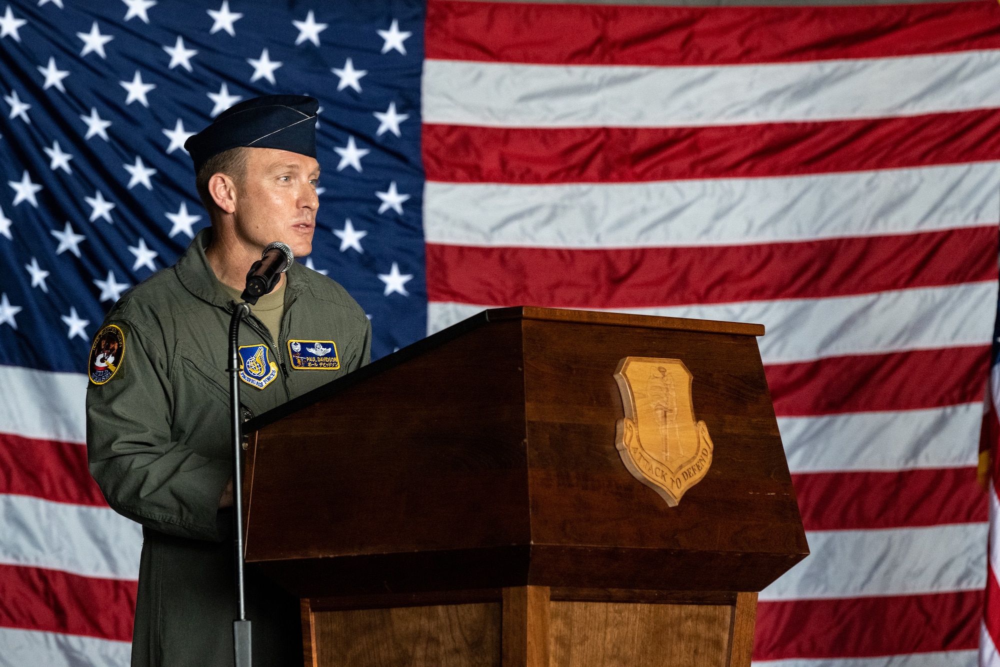 U.S. Air Force Col. Paul Davidson, 35th Fighter Wing  incoming commander, delivers a speech during the 35th FW change of command ceremony at Misawa Air Base, Japan, July 8, 2024.