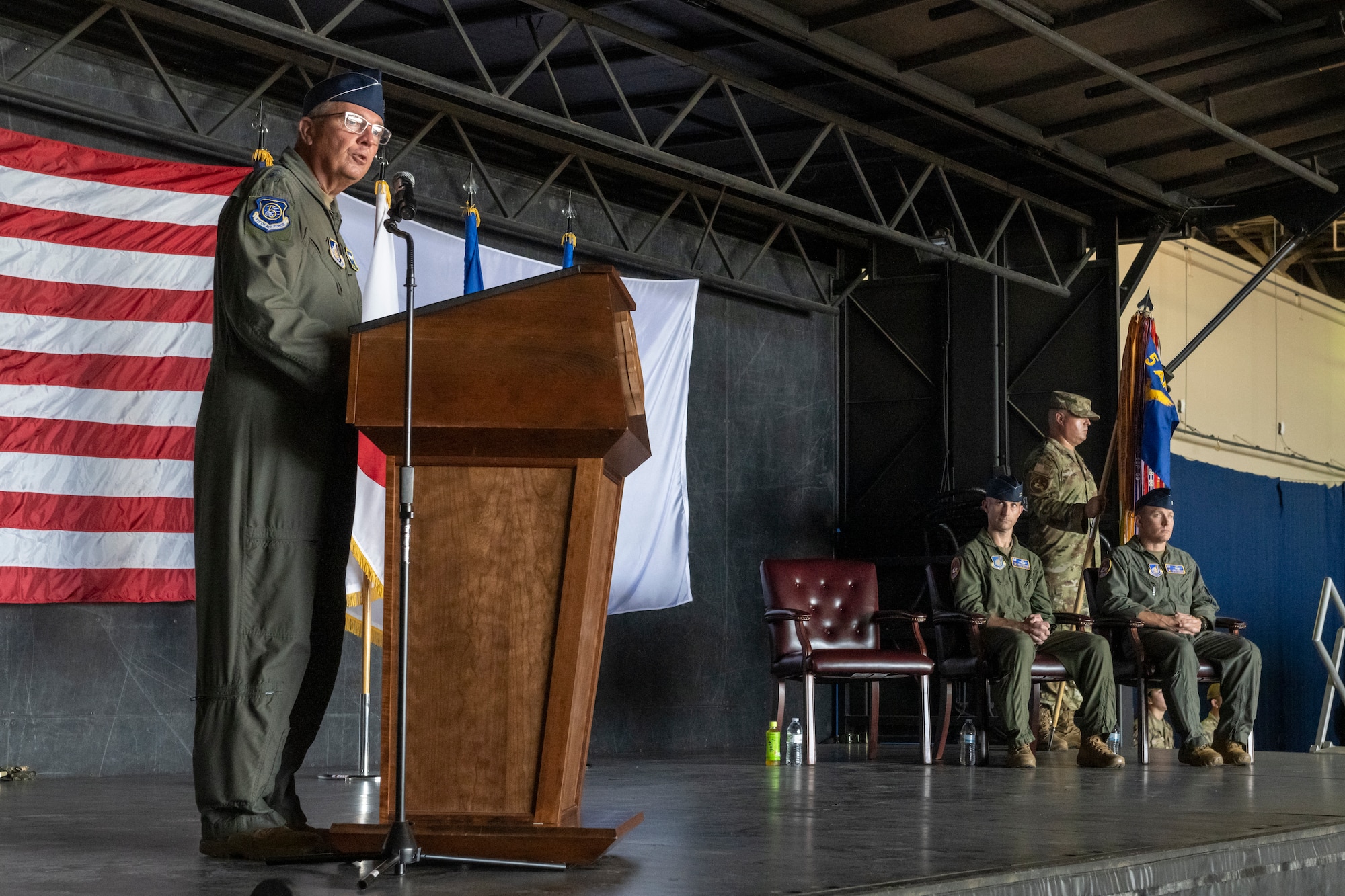 U.S. Air Force Lt. Gen. Ricky N. Rupp, U.S. Forces Japan and 5th Air Force commander, delivers a speech during the 35th Fighter Wing change of command ceremony at Misawa Air Base, Japan, July 8, 2024.