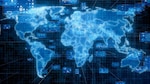 Holographic digital graphic of a blue world map.