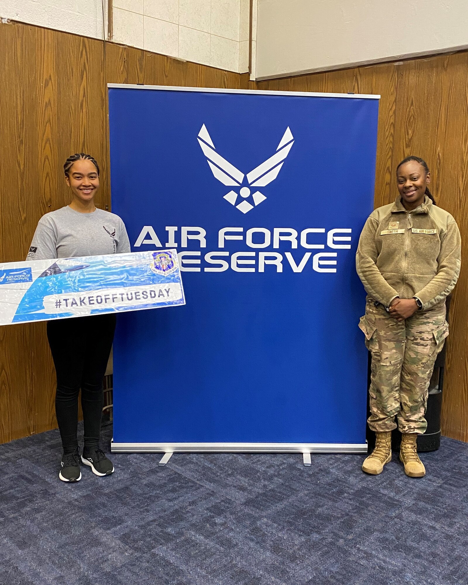 Synquis Strothers (Left) poses with 459th Air Refueling Wing Development and Training Flight Manager, Technical Sgt. Ceru Smith, for her Takeoff Tuesday photo. Strothers is taking off for Air Force Basic Military Training on July 9, 2024. After completing BMT and technical school, she will return to the 459th Air Refueling Wing to be a member of the 459th Aerospace Medicine Squadron.