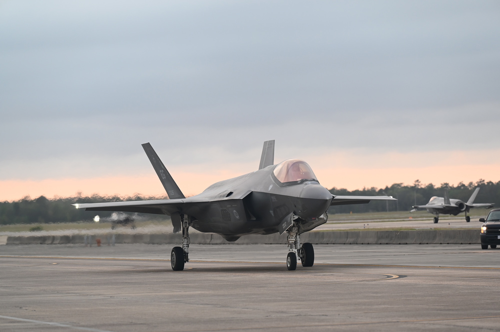 U.S. Air Force Maj. Erik Gonsalves, 58th Fighter Squadron pilot, taxies down the runway during a night flying operation April 27, 2021, at Eglin Air Force Base, Florida.