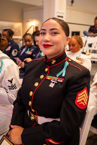 U.S. Marine Corps Sgt. Helen Caro, a recruiter with Recruiting Sub Station Rosenberg, Recruiting Station Houston, poses for a photo during the Texas Women Veteran's Day Ceremony at City Hall, Houston, Texas, June 12, 2024. The ceremony served to honor female veterans and recognize the history of women in the armed services - with the ceremony sharing the same date as the 76th anniversary of the Women's Armed Services Integration Act. Caro is a native of Dallas, Texas. (U.S. Marine Corps photo by Sgt. Ryan H. Pulliam)