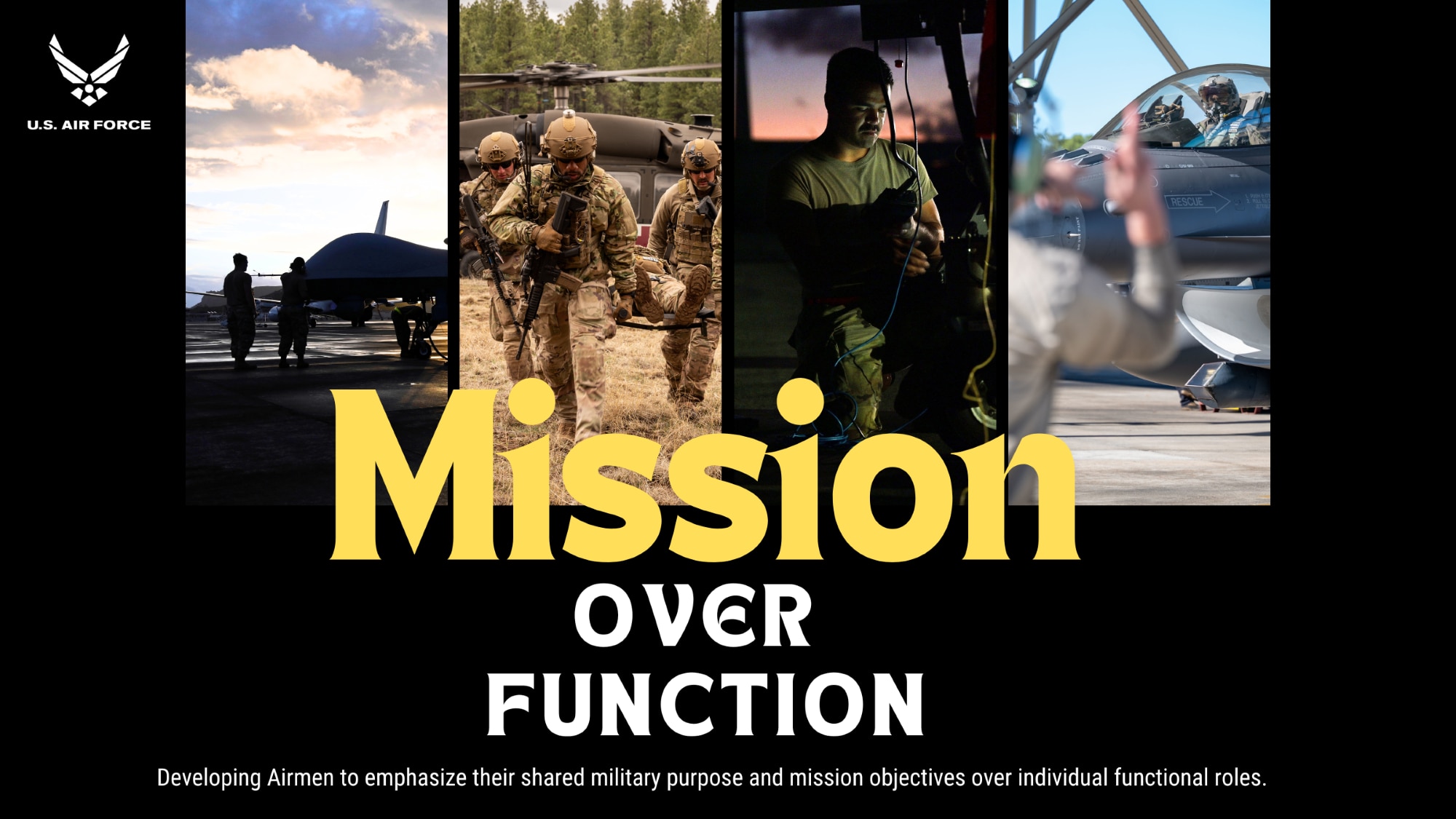 collage of Airmen performing technical tasks with aircraft and weapons