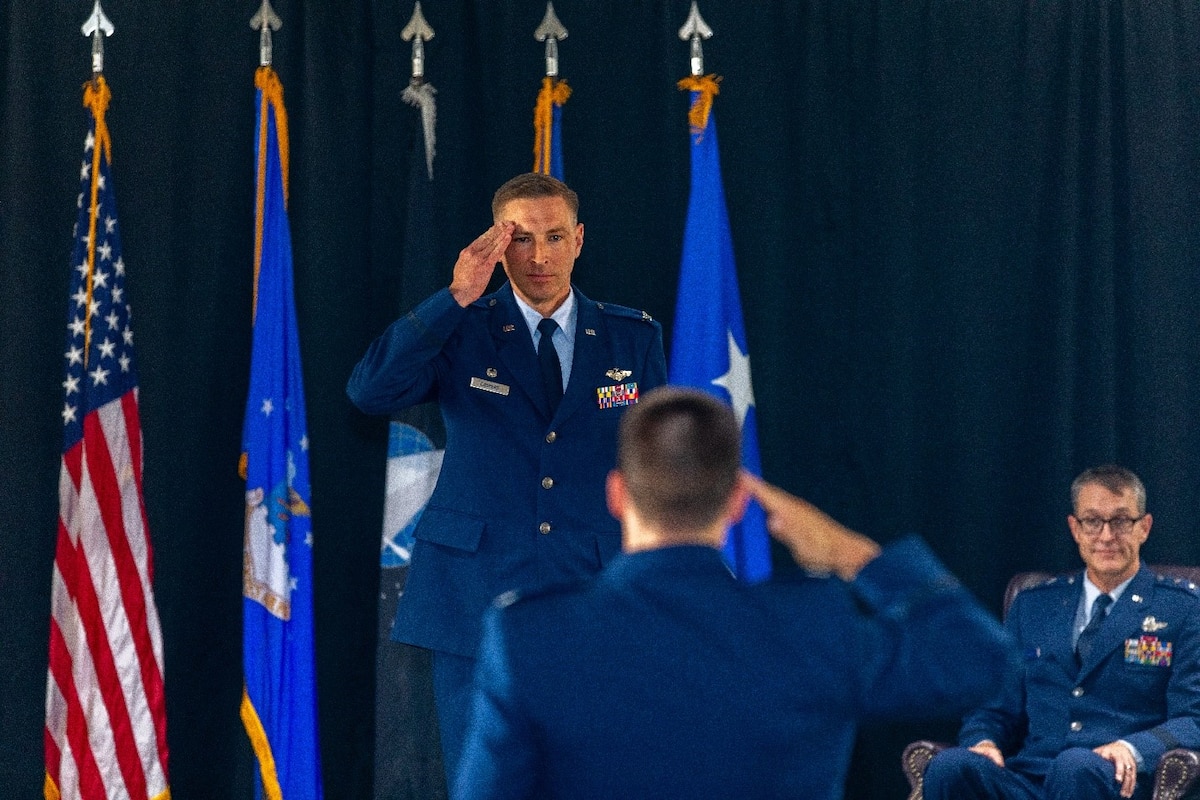 Col. Matthew Caspers assumes command of the Air Force Research Laboratory Munitions Directorate June 28, 2024, at a change of command ceremony at Eglin Air Force Base, Fla. AFRL Commander Gen. Scott A. Cain officially inducted Caspers as the directorate’s new commander and director. “Right now, my top priority is getting to know the organization and the people doing the amazing work here at RW,” Caspers said. (Courtesy photo / Brian Mitchell)