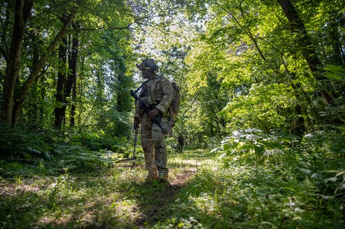 A U.S. Air Force explosive ordnance disposal technician participating in Exercise Tanuki Bandit 24 scans terrain during a patrol at Draughn Range near Misawa Air Base, Japan, June 27, 2024.