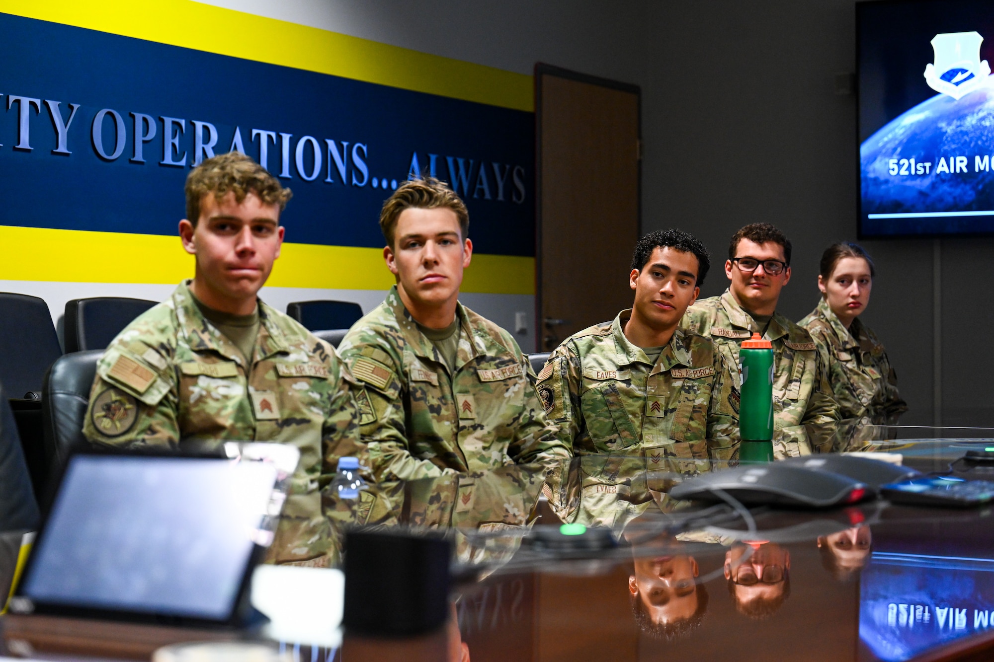 United States Air Force Academy cadets receive a mission brief at the 521st Air Mobility Operations Wing headquarters building July 8, 2024, on Ramstein Air Base, Germany.