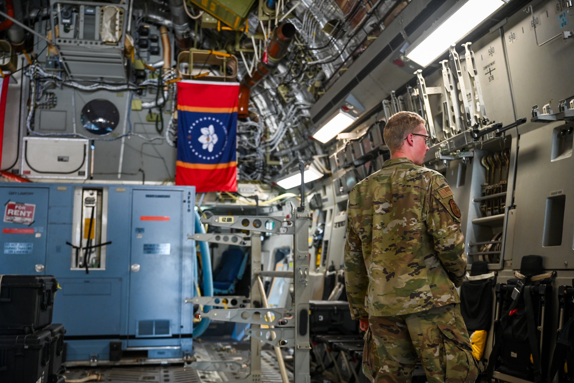 Cadet 2nd Class Noble Rasmussen, a United States Air Force Academy cadet, observes equipment inside of a C-17 Globemaster III at Ramstein Air Base, Germany, July 8, 2024.