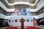Republic of Korea President Yoon Suk Yeol speaks during all-hands assembly at U.S. Indo-Pacific Command headquarters on Camp H.M. Smith in Aiea, Hawaii on July 9, 2024. The visit to USINDOPACOM was one of several engagements with Adm. Samuel J. Paparo, commander of USINDOPACOM, demonstrating the deep friendship between the two countries and reaffirming the U.S. ironclad commitment to the U.S.-ROK Alliance established in 1953. USINDOPACOM is committed to enhancing stability in the Indo-Pacific region by promoting security cooperation, encouraging peaceful development, responding to contingencies, deterring aggression and, when necessary, fighting to win. (U.S. Navy photo by Mass Communication Specialist 1st Class John Bellino)