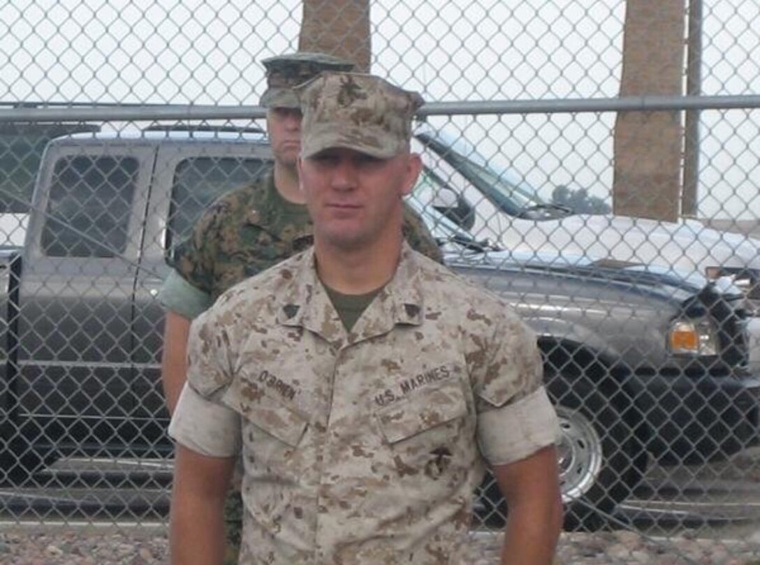 U.S. Marine Corps Sgt. Sean O’Brien, a native of Illinois, then an Aviation Ordnance Systems Technician with Marine Aviation Logistics Squadron (MALS) 13, poses for a photo at Marine Corps Air Station Yuma, Arizona, Nov. 2007. (U.S. Marine Corps courtesy photo).