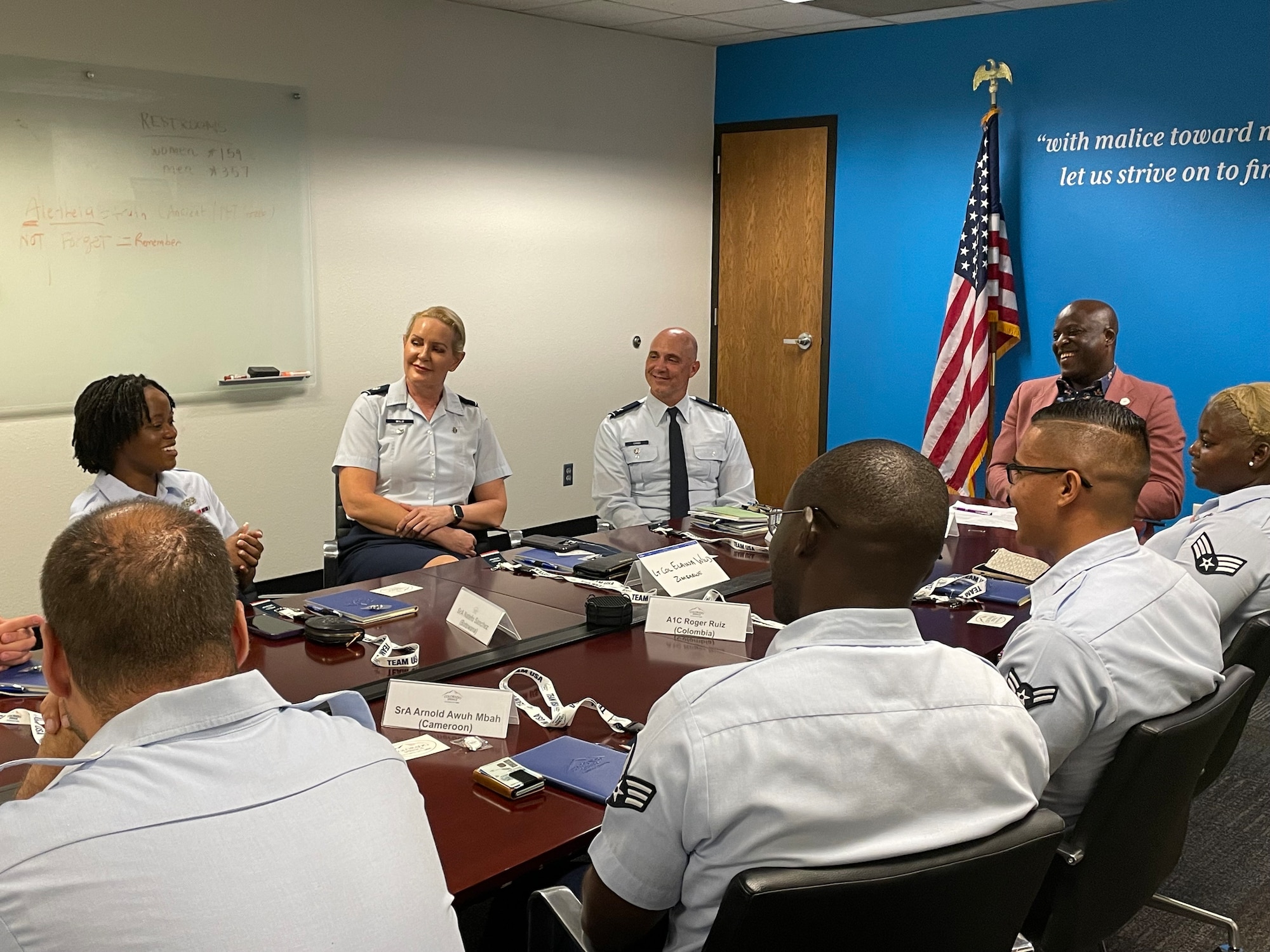 A group of 10 Airmen from Peterson and Schriever Space Force Base met with Colorado Springs Mayor Yemi Mobolade July 8, 2024, at his office downtown. The Airmen shared stories of their backgrounds, and why they chose to become U.S. citizens and serve their country. Mobolade, who himself immigrated from Nigeria in 1996, became the first elected Black and immigrant mayor of Colorado Springs in 2023. (Courtesy photo)